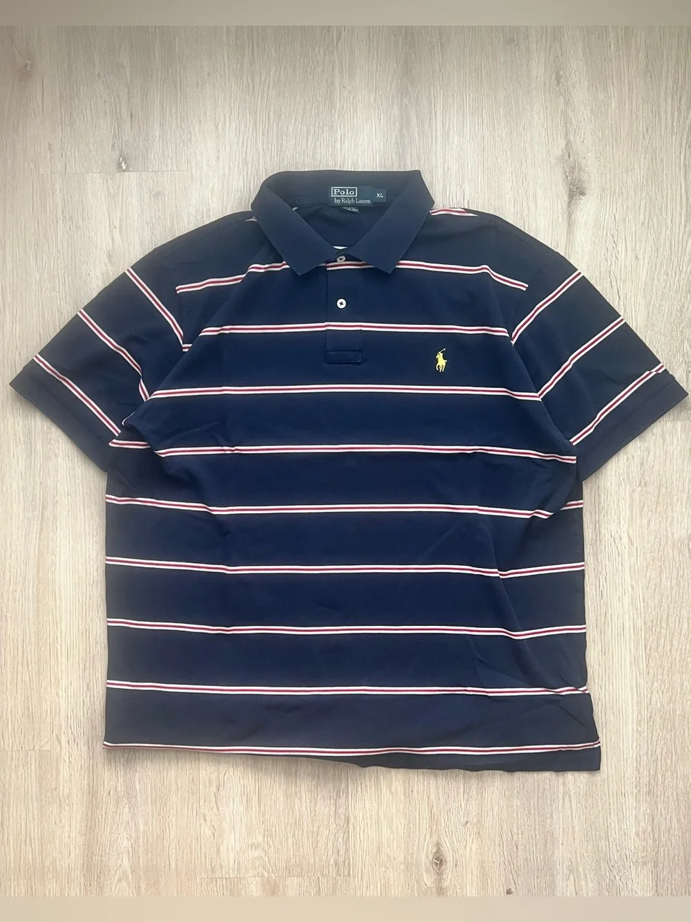 Vintage Polo Ralph Lauren Striped Polo Shirt Mens XL Navy Red Short Sleeve 90s